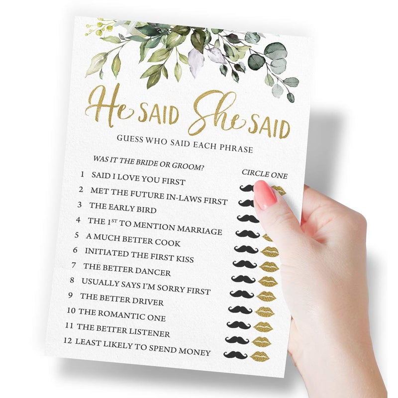 Printed Party Bridal Shower Games â€“ He Said She Said Game with Fun Bride and Groom Trivia, Wedding Shower Activity, Botanical Eucalyptus Theme, 50 Guests - Image 3